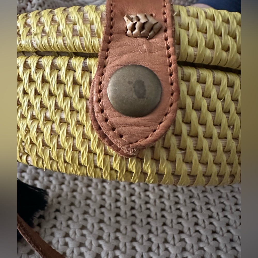 NEW Indonesian Handwoven Rattan & Leather Crossbody Bag 2.5”x8”,  50” Strap Boho - Picture 4 of 7